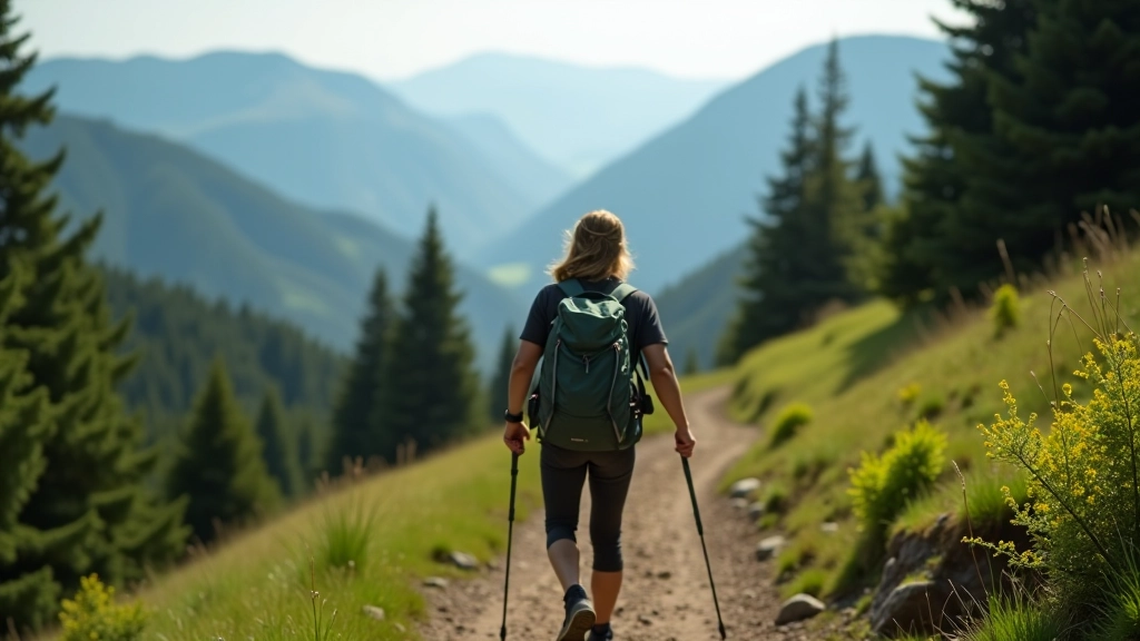 Začínající turista v přírodě — osoba se batohem na lesní cestě, horské panorama v pozadí, jasný den