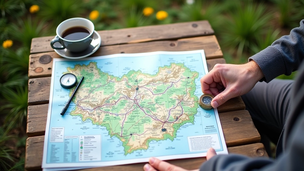 Horský průvodce s mapou a kompasem, plánování výletu