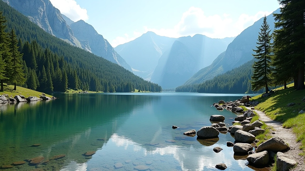 Horské jezero obklopené jedlemi a skalami, zrcadlový povrch s odrazy hor, slunečný den, pěšina podél břehu