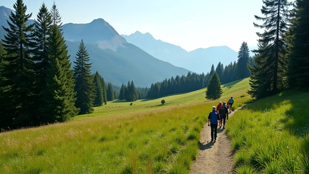 Horská cesta mezi zelenými loukami a jedlemi, skupinky turistů na trase