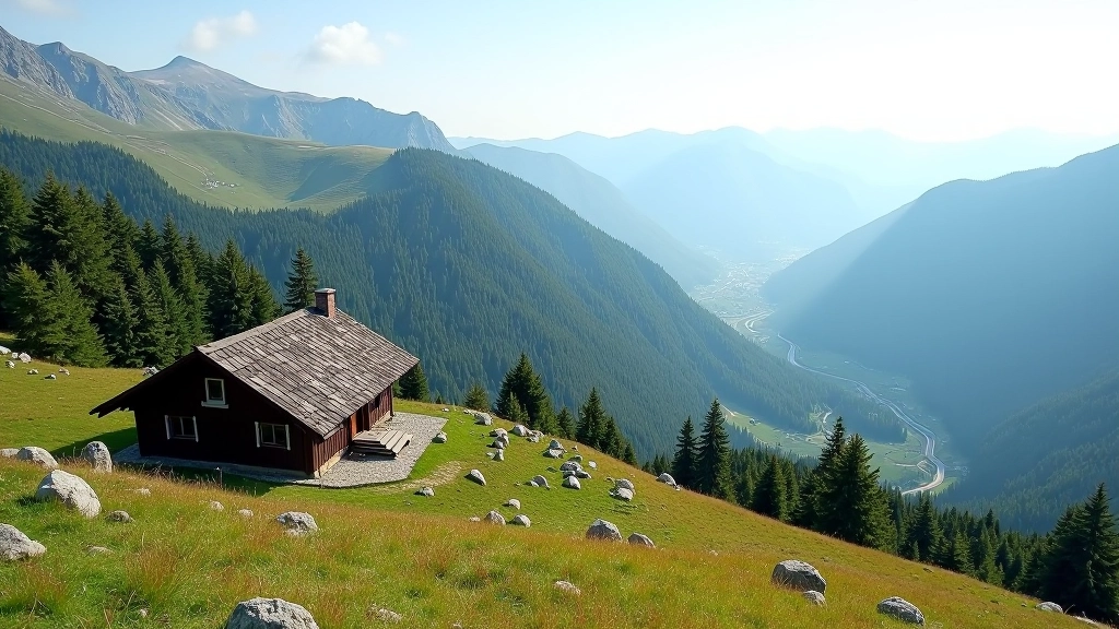 Horská chata na hřebenu Beskyd, tradiční architektura, okolí se otvírá do údolí