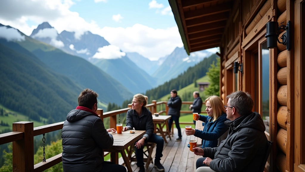 Horská chata se sklady dřeva, skupiny turistů na terase pijí čaj, krásný výhled na údolí, mraky kolem vrcholů