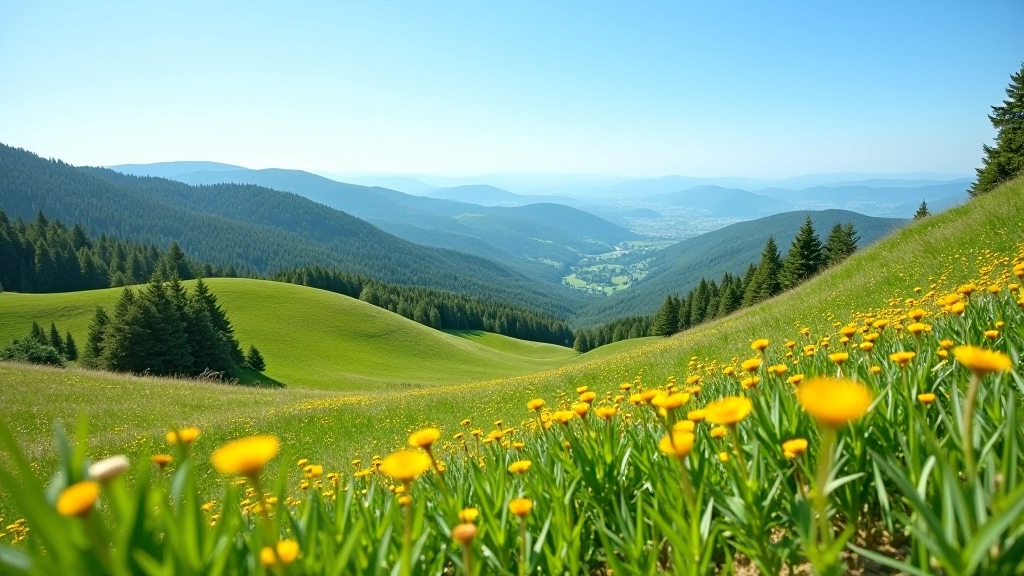 Pohled na horské pastviny v Beskydech, zeleně s květinami v létě, jasné nebe