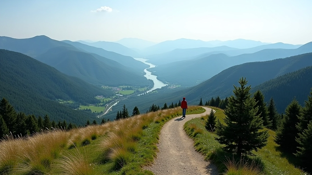 Hřebenová trasa v Beskydech s panoramatickým výhledem na údolí, horské vrcholky v dálce